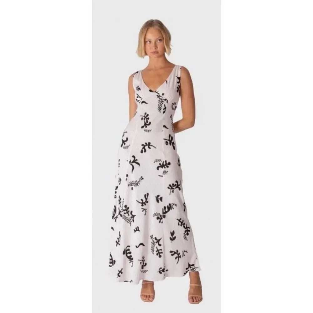 Paper Heart Linen Blend Maxi Dress Summer Resort White Black Print Women's M
